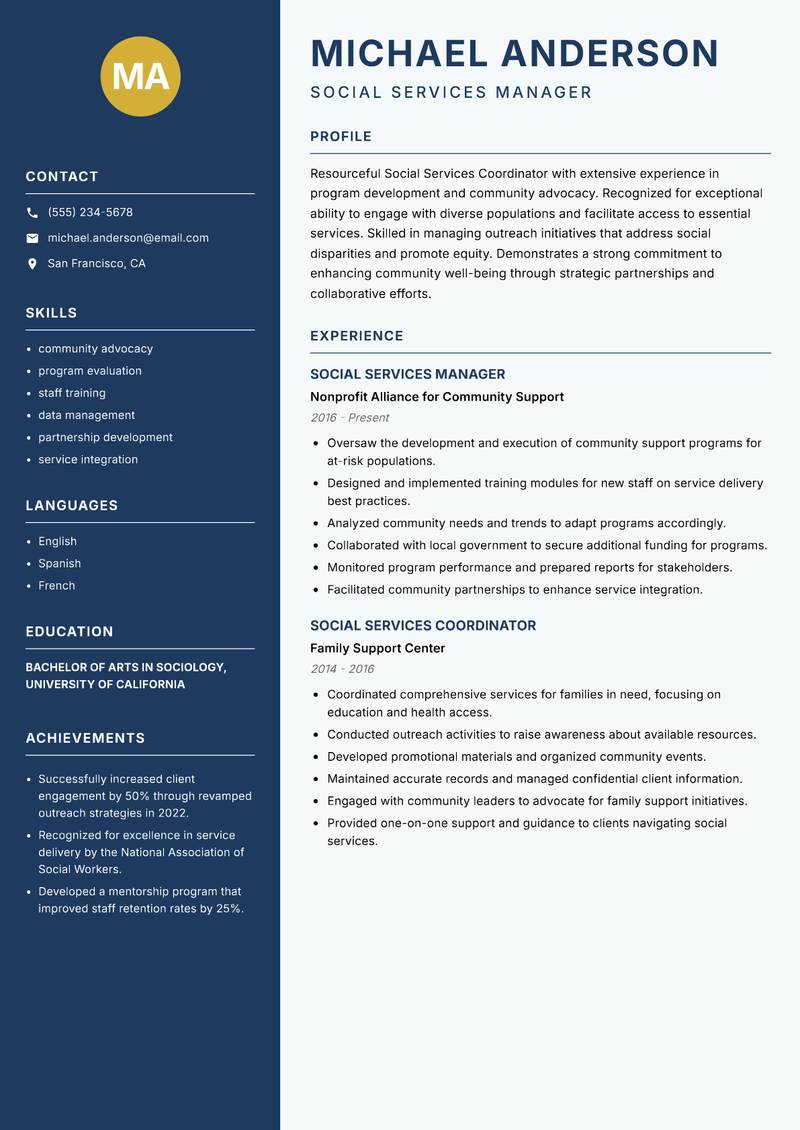 Social Services Coordinator resume template — Classic Clean