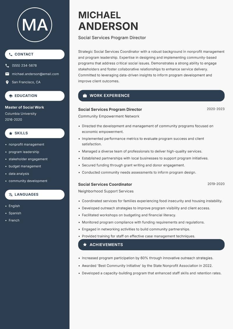 Social Services Coordinator resume template — Compact