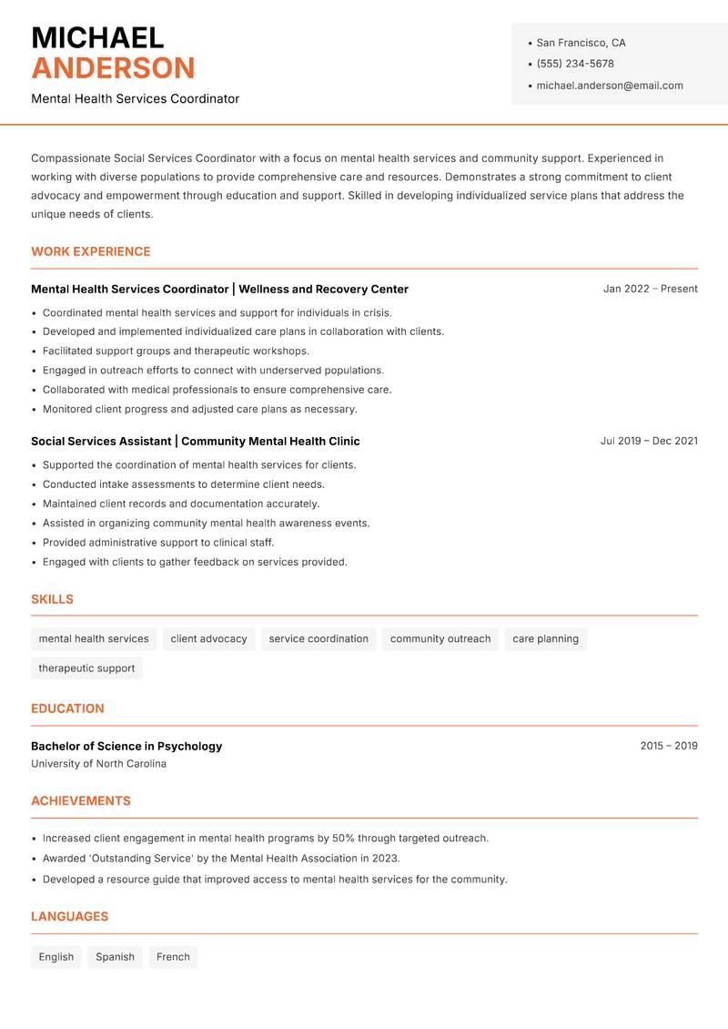 Social Services Coordinator resume template — Modern Professional