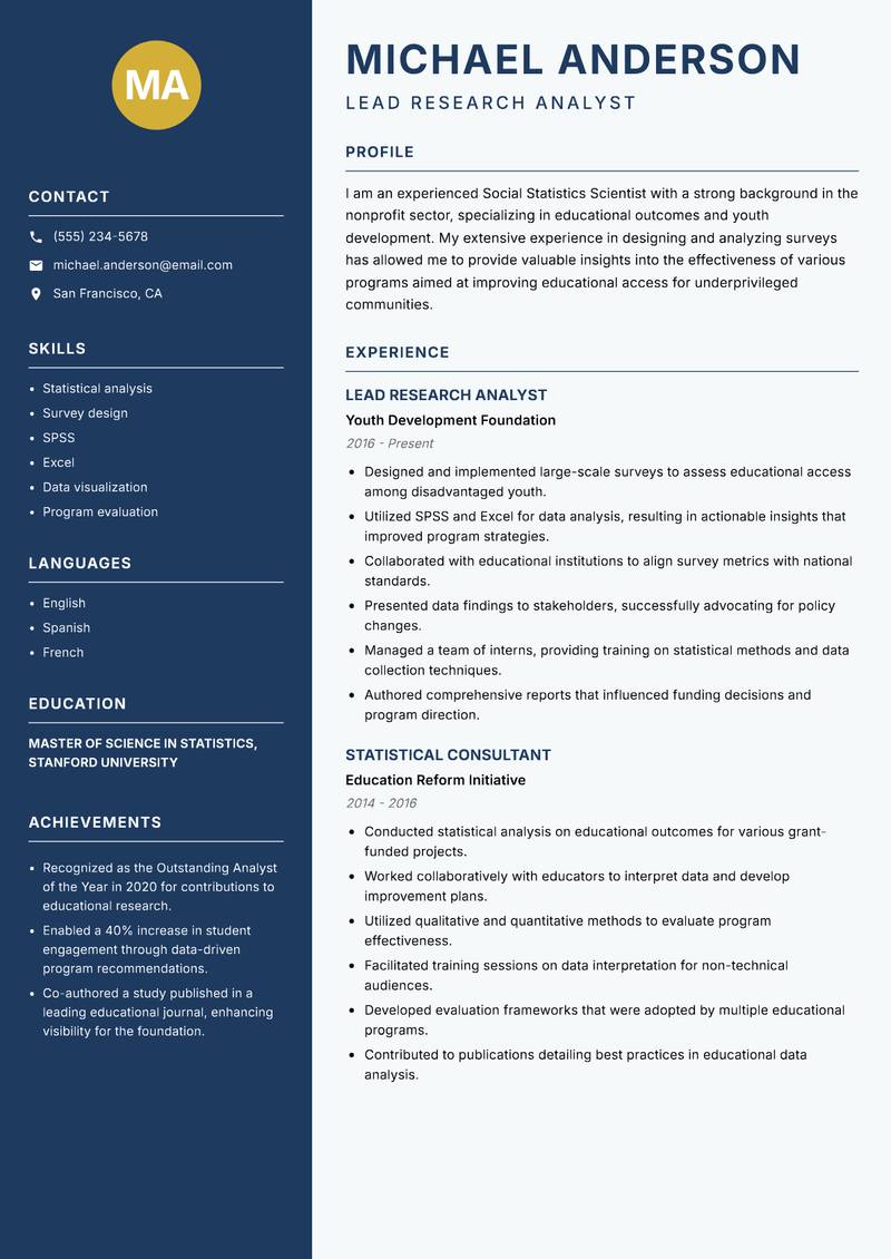 Social Statistics Scientist resume template — Classic Clean