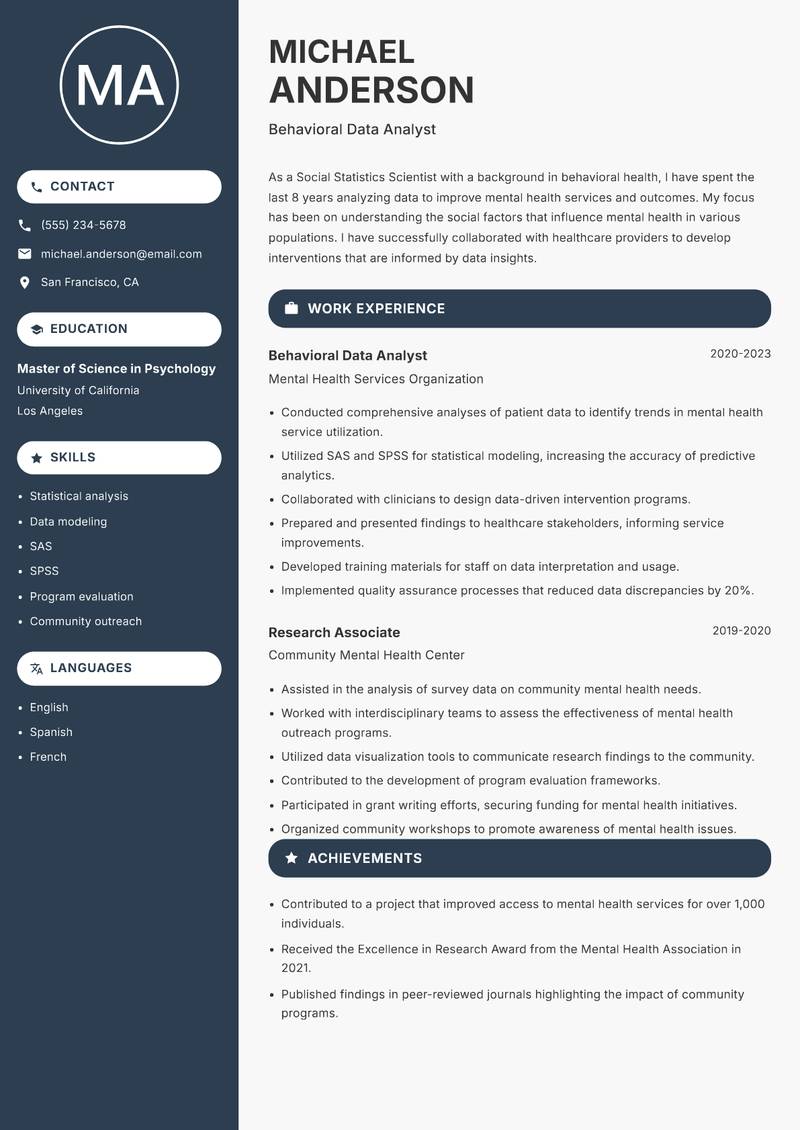 Social Statistics Scientist resume template — Compact