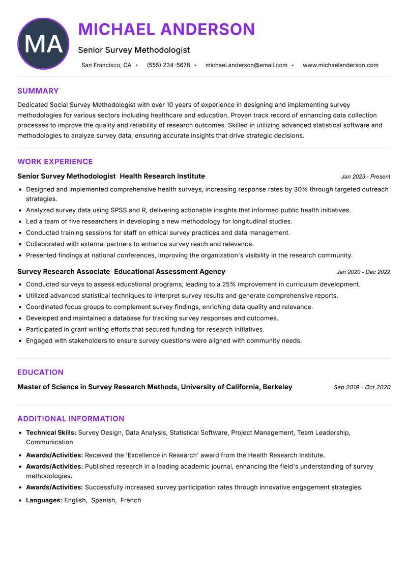 Social Survey Methodologist resume example — ATS-friendly template