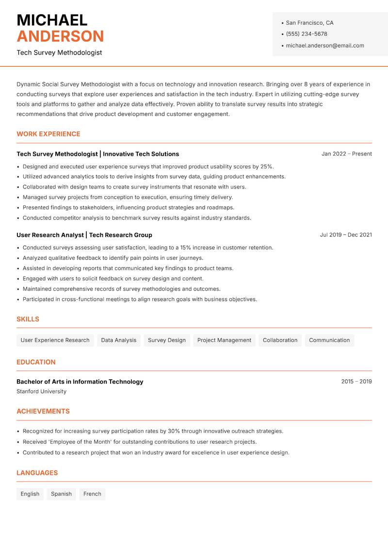 Social Survey Methodologist resume template — Modern Professional