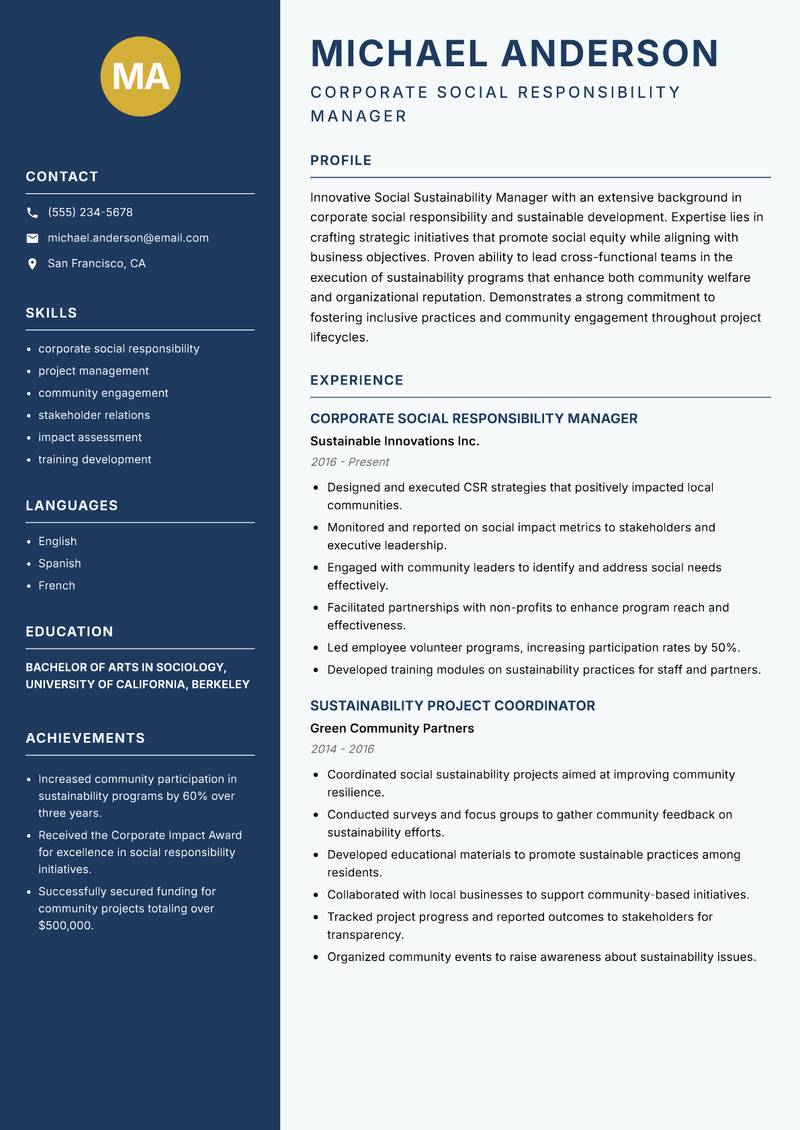 Social Sustainability Manager resume template — Classic Clean