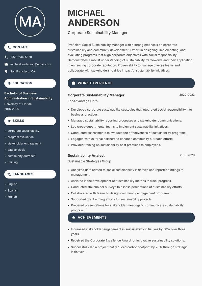 Social Sustainability Manager resume template — Compact