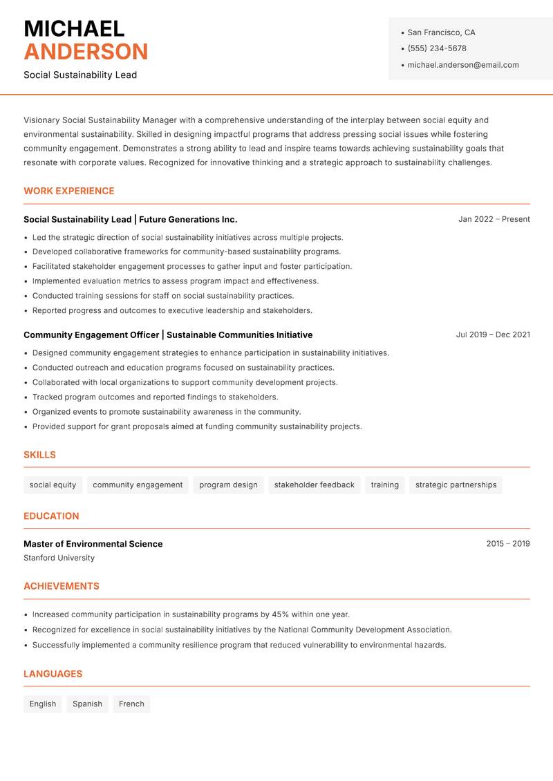 Social Sustainability Manager resume template — Modern Professional