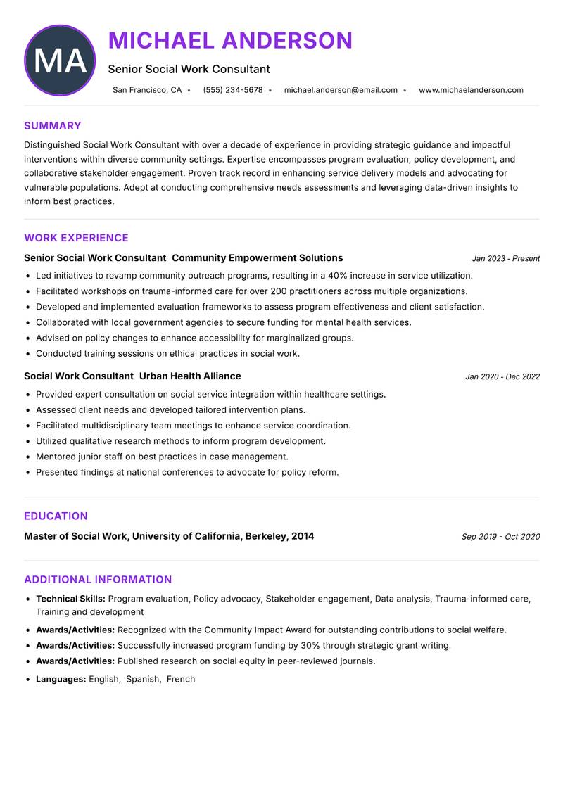 Social Work Consultant resume example — ATS-friendly template