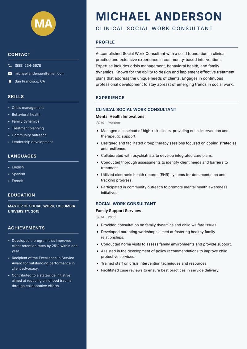 Social Work Consultant resume template — Classic Clean