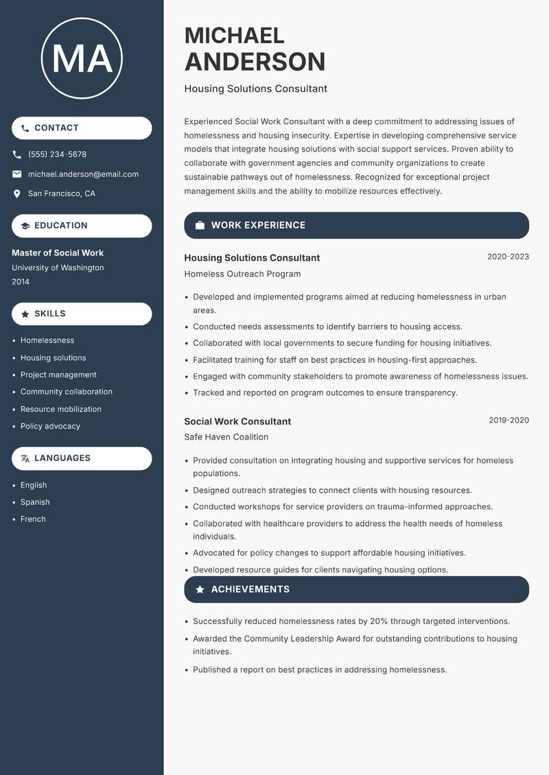 Social Work Consultant resume template — Compact
