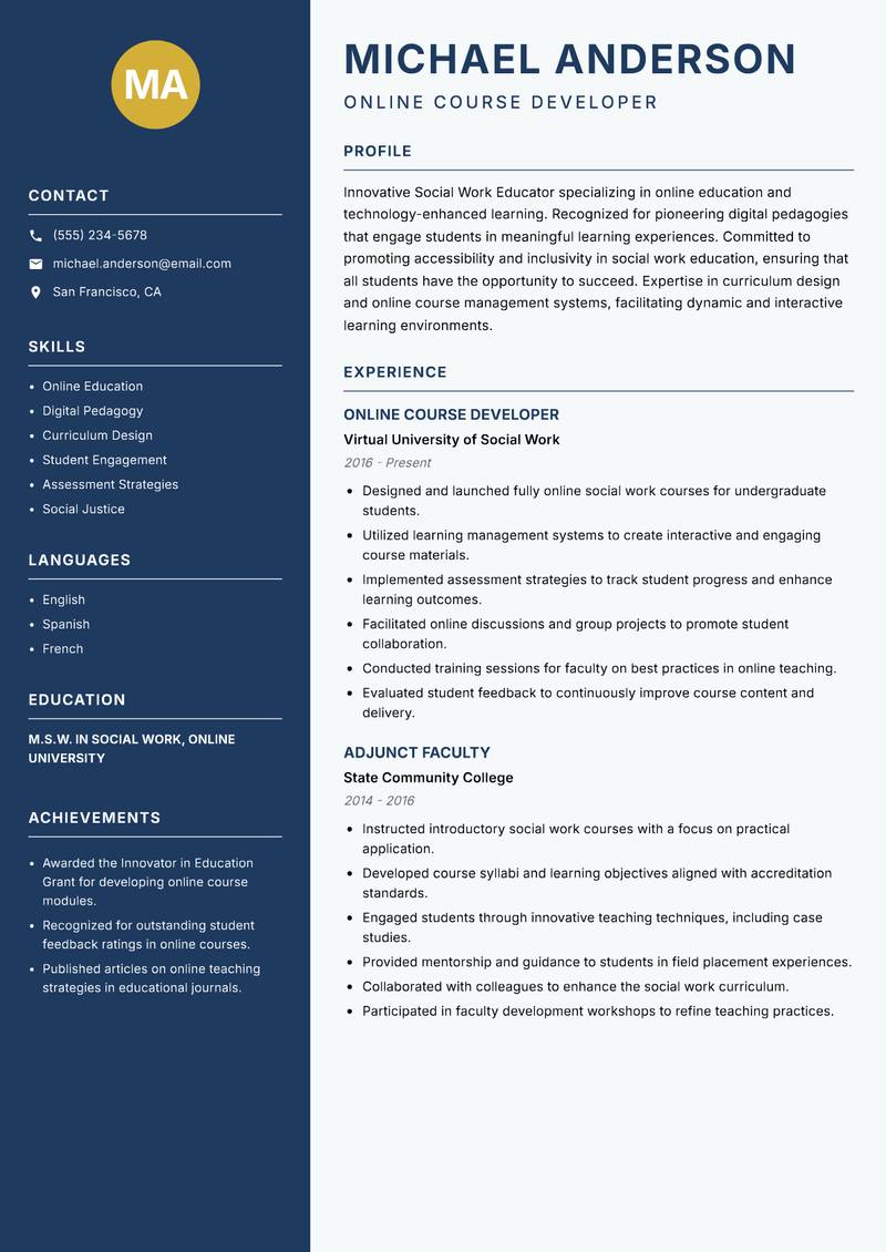 Social Work Educator resume template — Classic Clean