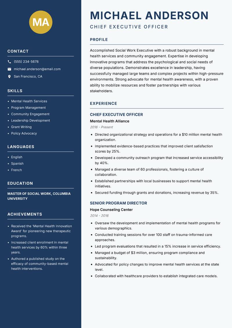 Social Work Executive resume template — Classic Clean