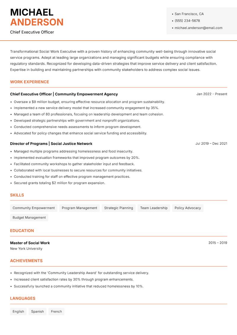 Social Work Executive resume template — Modern Professional