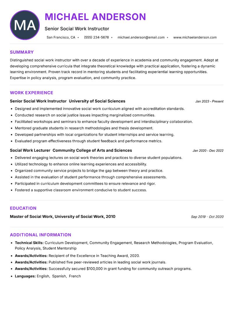 Social Work Instructor resume example — ATS-friendly template