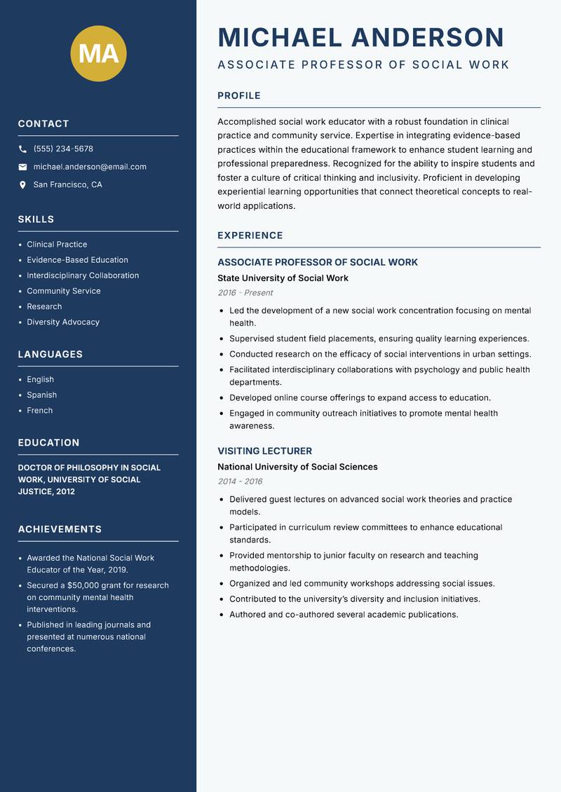 Social Work Instructor resume template — Classic Clean
