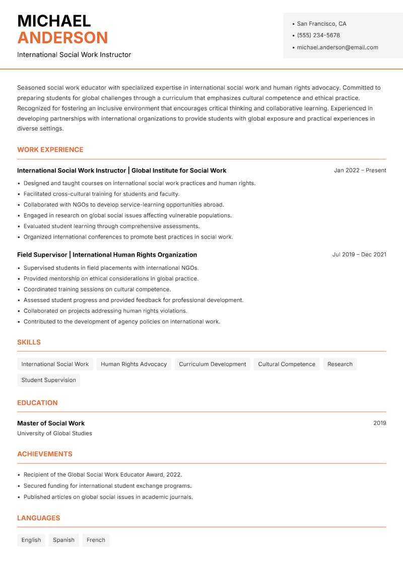 Social Work Instructor resume template — Modern Professional
