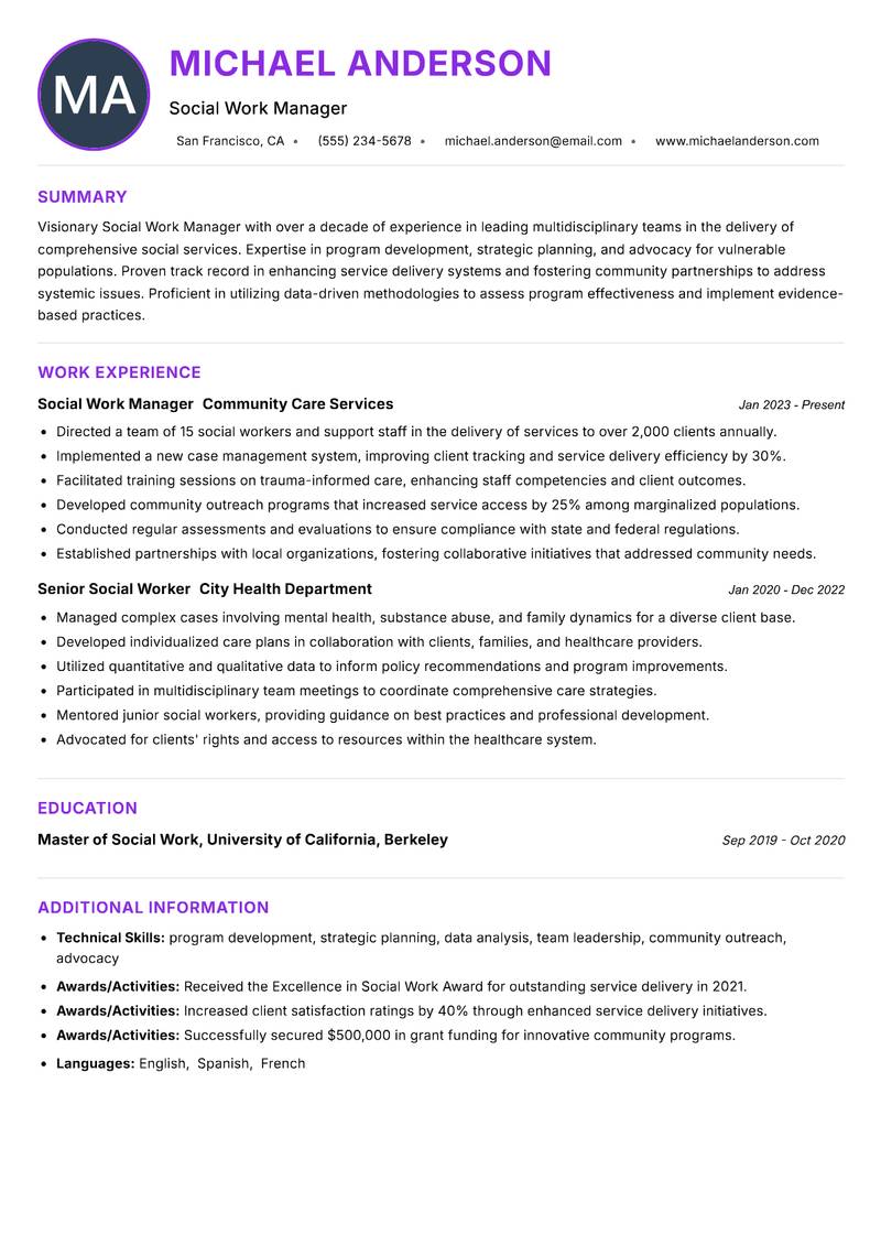 Social Work Manager resume example — ATS-friendly template