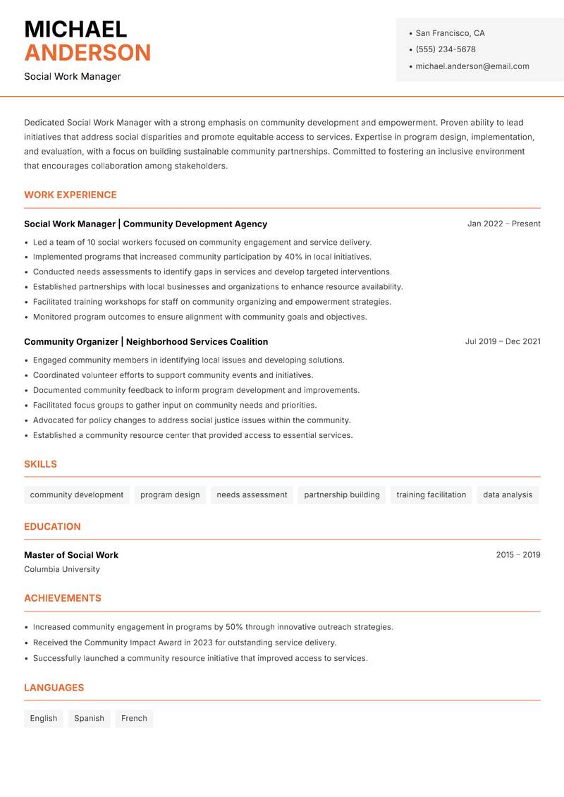 Social Work Manager resume template — Modern Professional