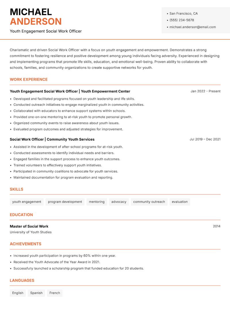 Social Work Officer resume template — Modern Professional