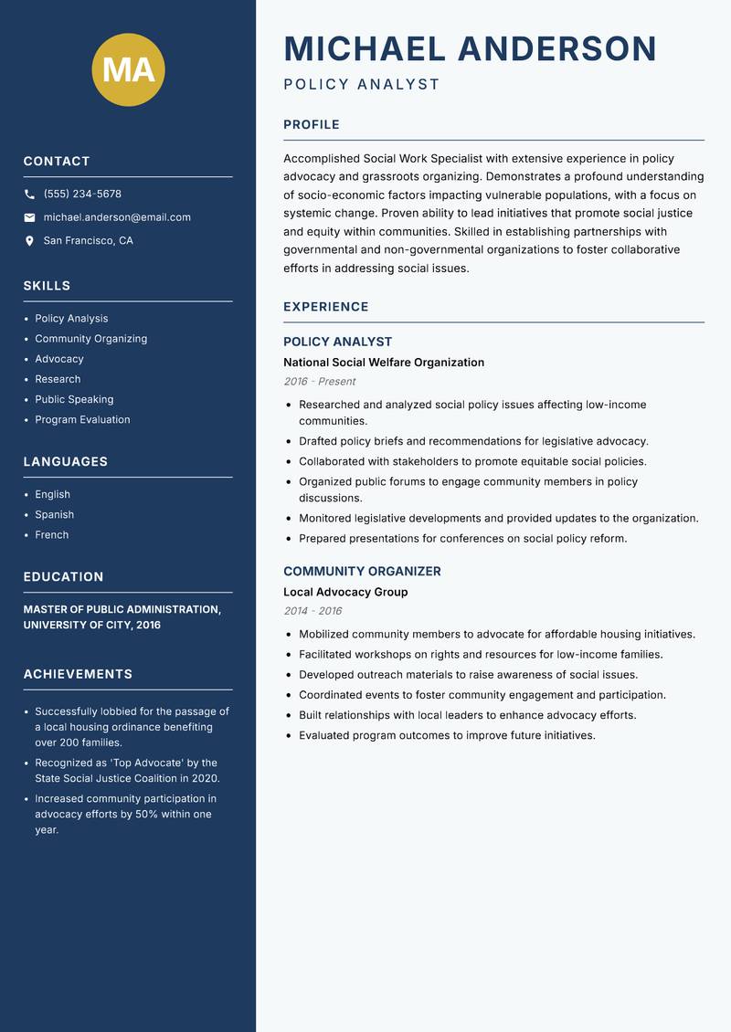 Social Work Specialist resume template — Classic Clean