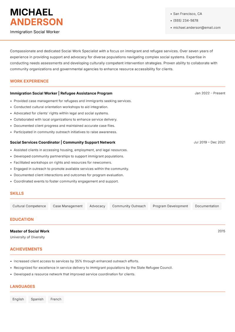 Social Work Specialist resume template — Modern Professional