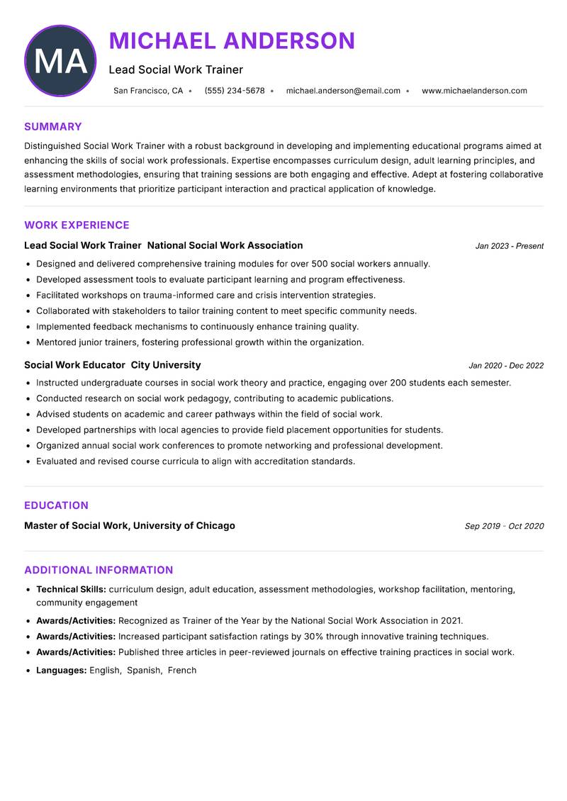 Social Work Trainer resume example — ATS-friendly template