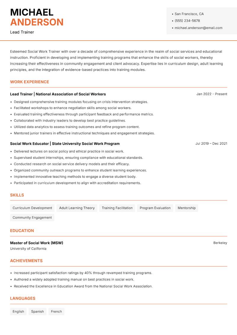 Social Work Trainer resume template — Modern Professional