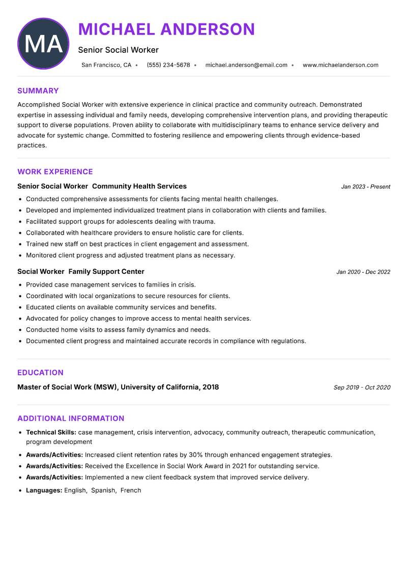 Social Worker resume example — ATS-friendly template