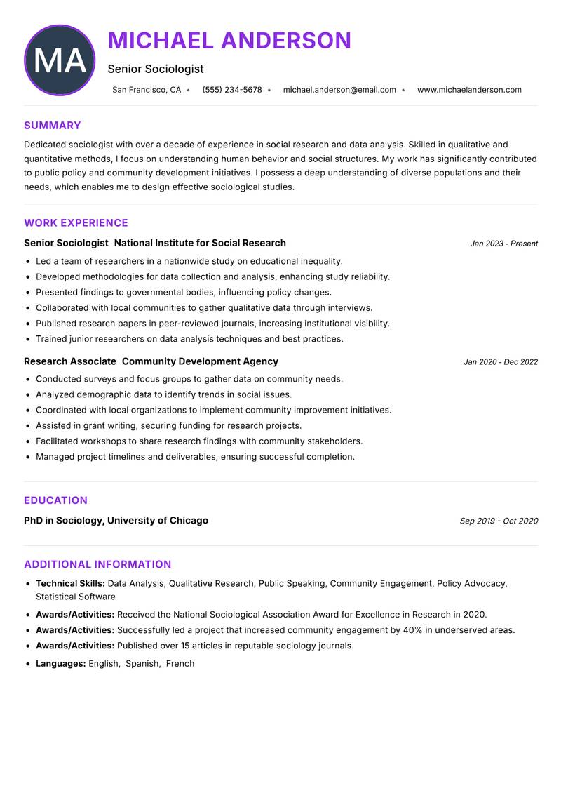 Sociologist resume example — ATS-friendly template