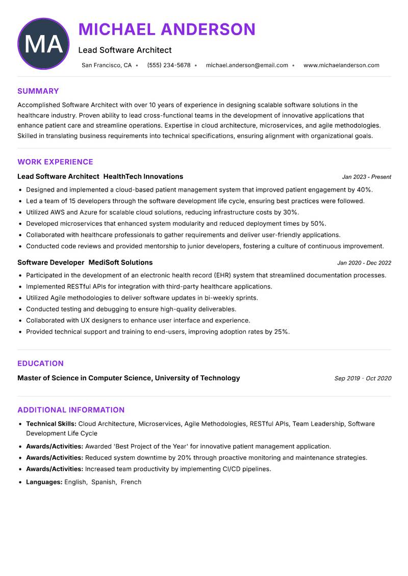 Software Architect resume example — ATS-friendly template