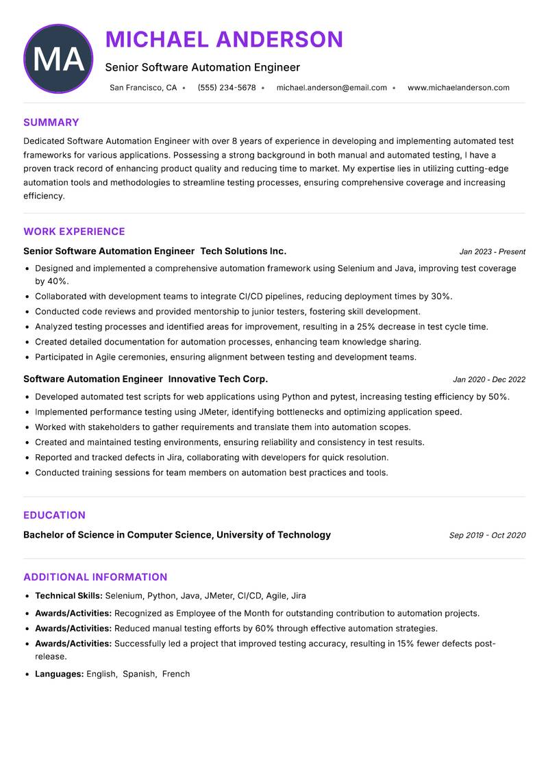 Software Automation Engineer resume example — ATS-friendly template