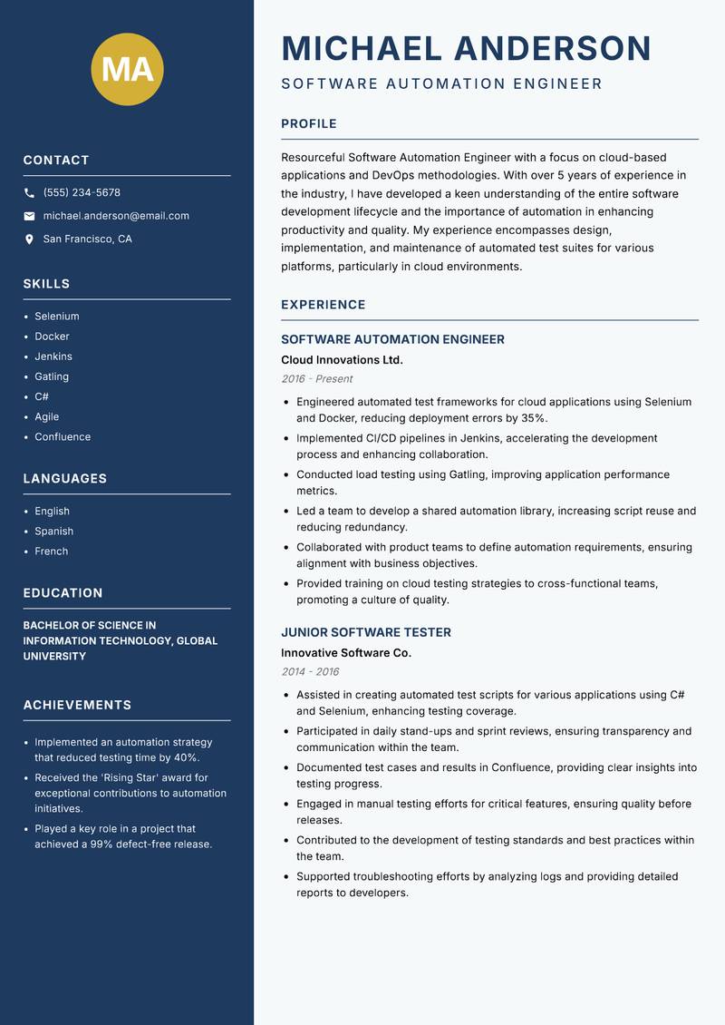 Software Automation Engineer resume template — Classic Clean