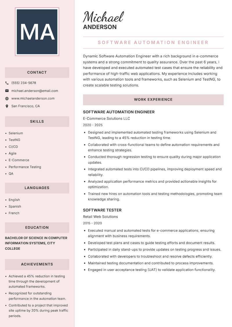 Software Automation Engineer resume template — Executive