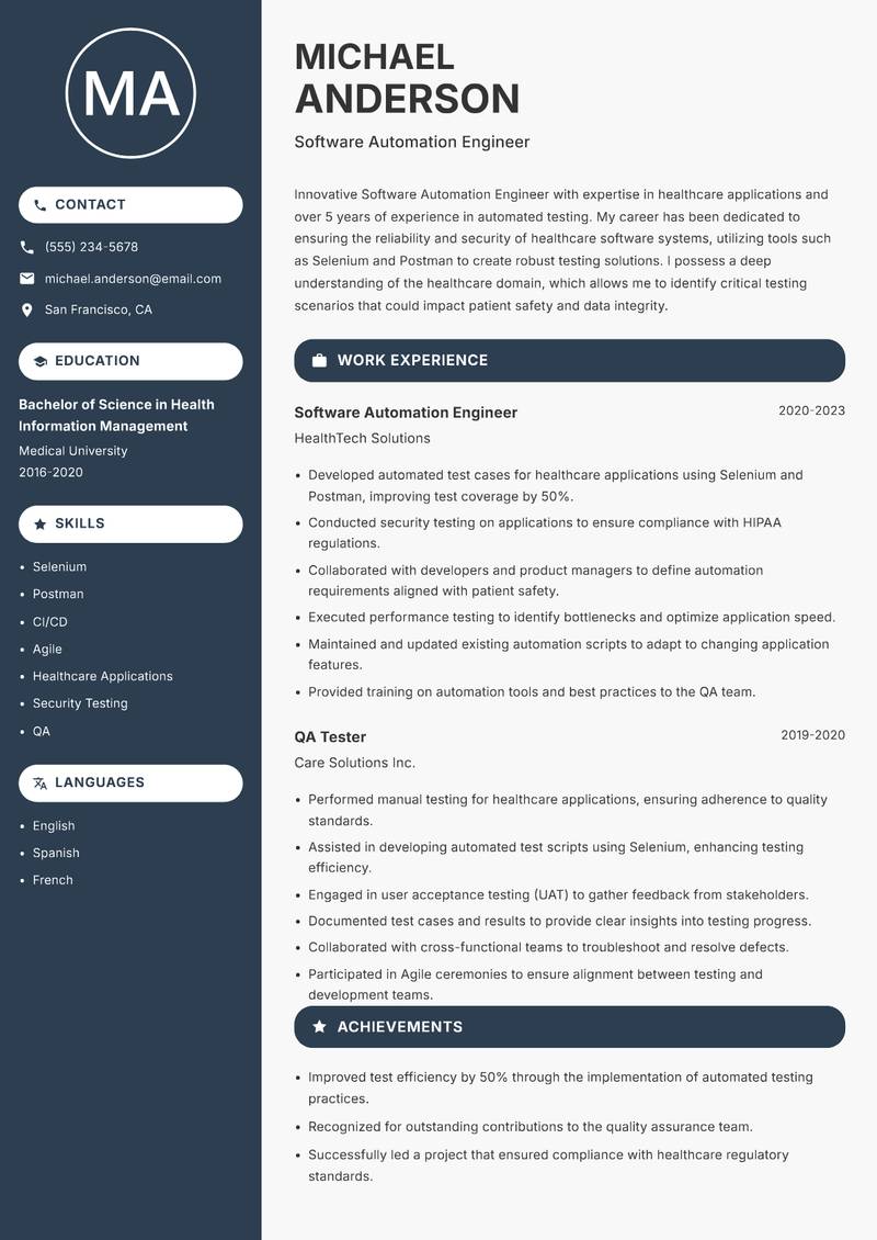 Software Automation Engineer resume template — Compact