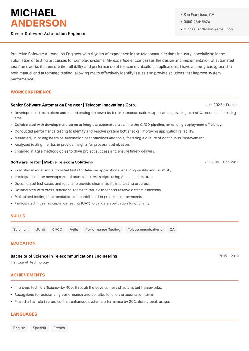 Software Automation Engineer resume template — Modern Professional
