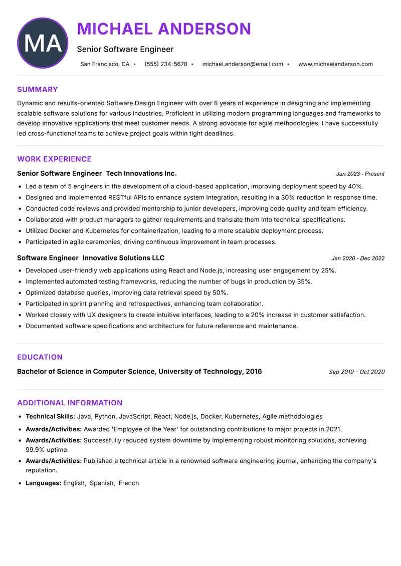 Software Design Engineer resume example — ATS-friendly template