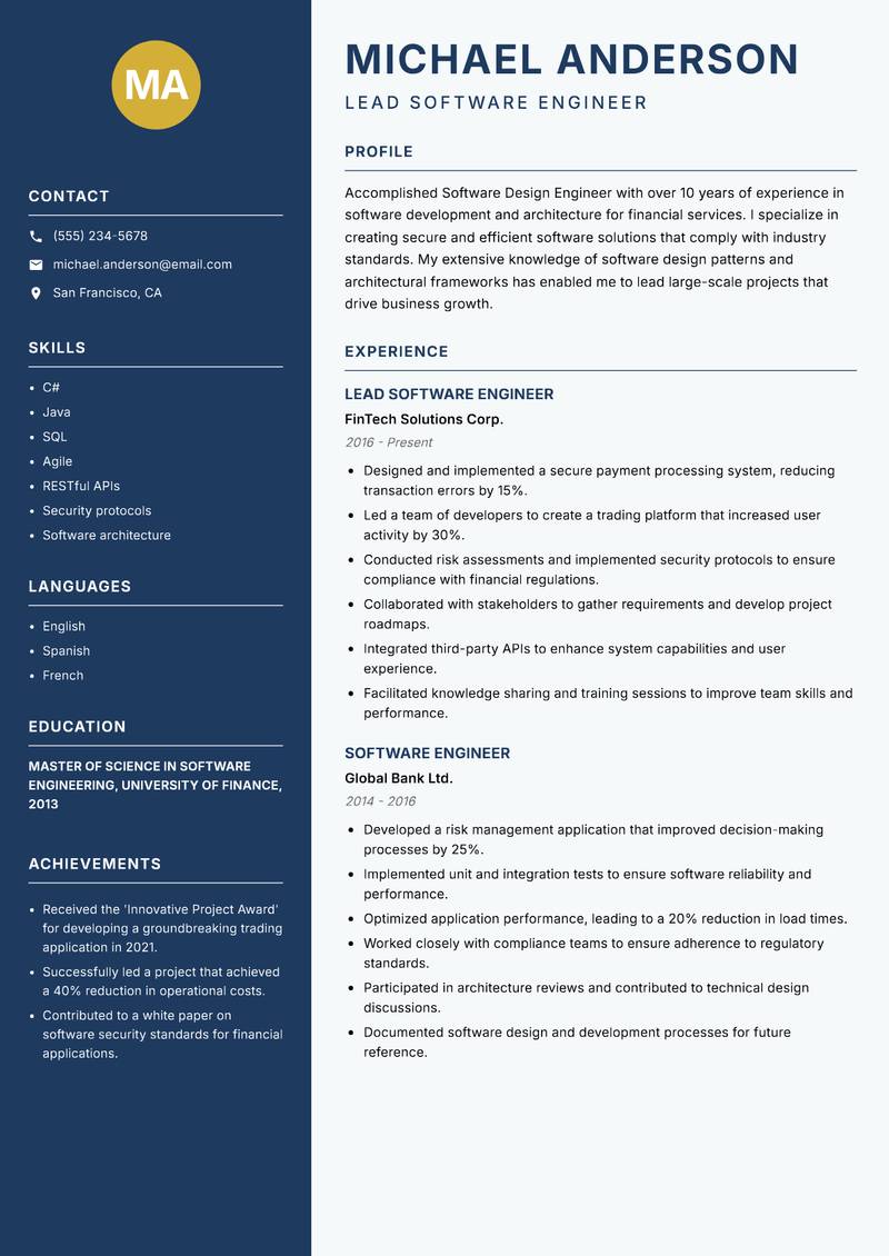 Software Design Engineer resume template — Classic Clean
