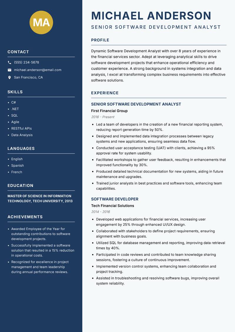 Software Development Analyst resume template — Classic Clean