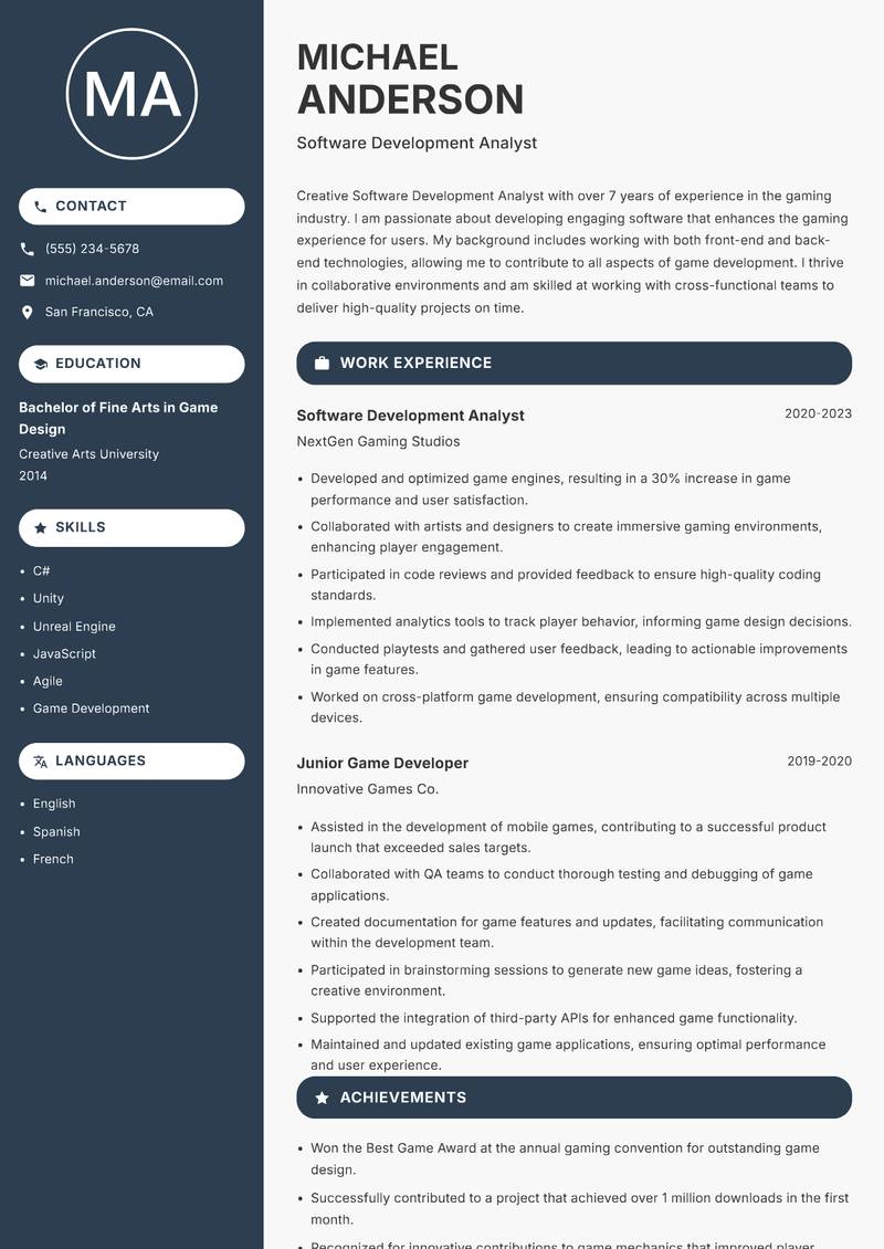Software Development Analyst resume template — Compact