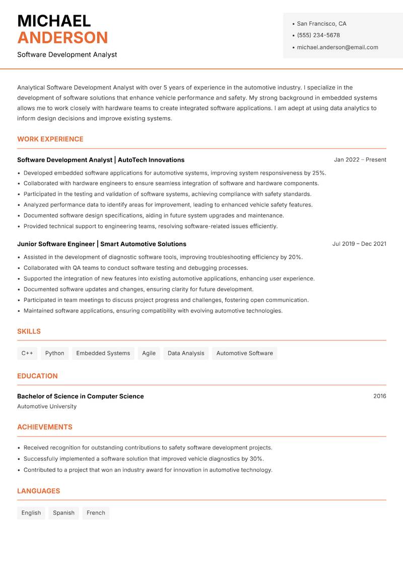 Software Development Analyst resume template — Modern Professional