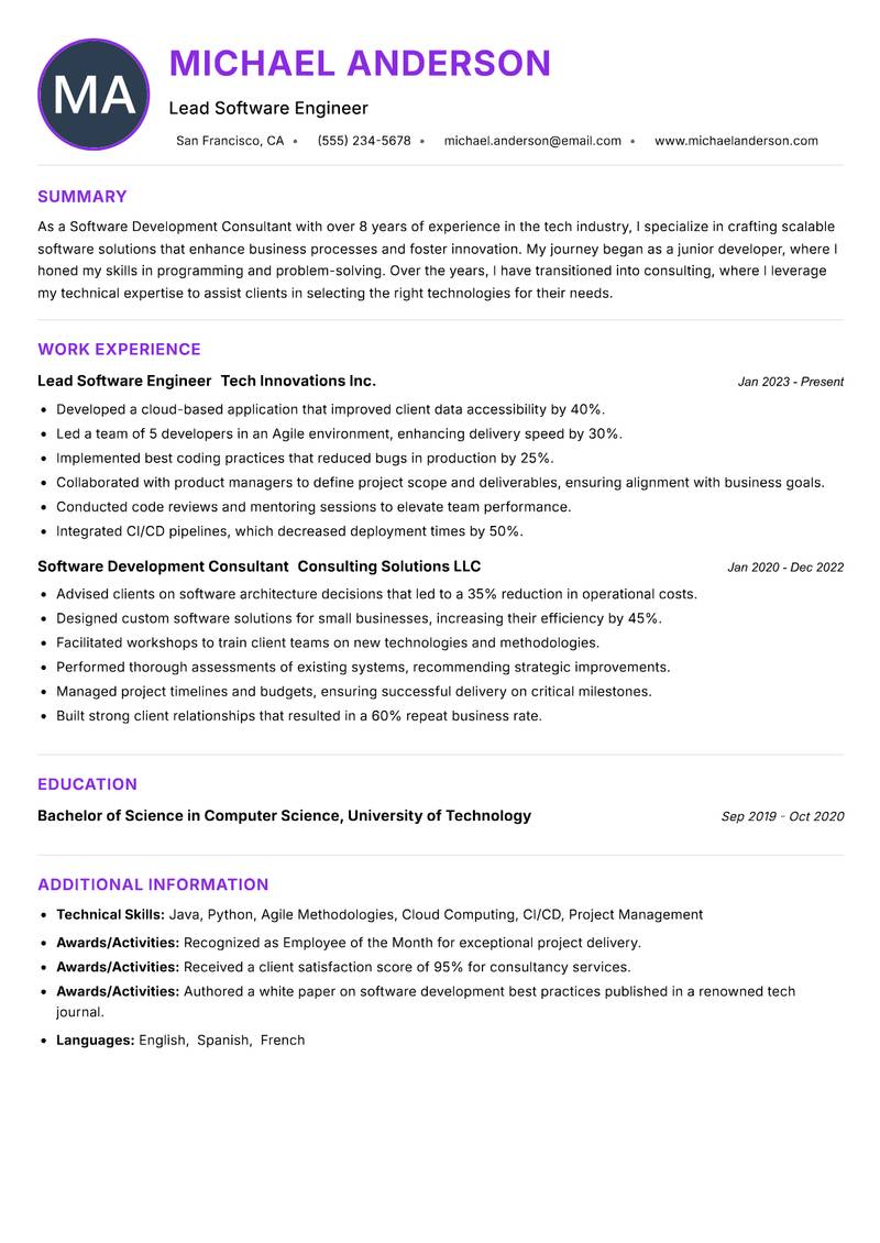Software Development Consultant resume example — ATS-friendly template