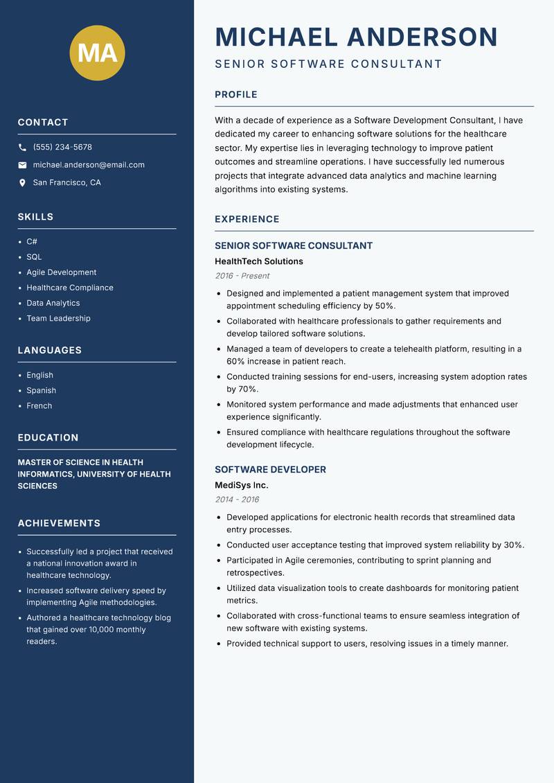 Software Development Consultant resume template — Classic Clean