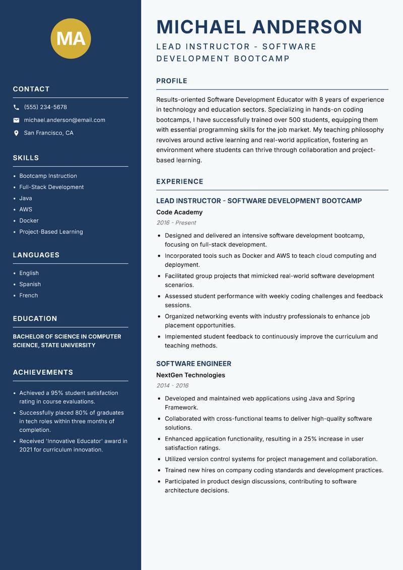 Software Development Educator resume template — Classic Clean