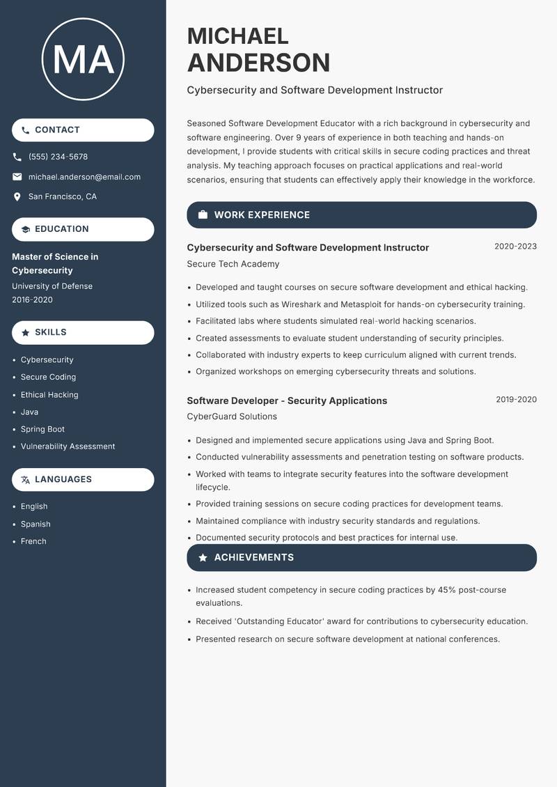 Software Development Educator resume template — Compact