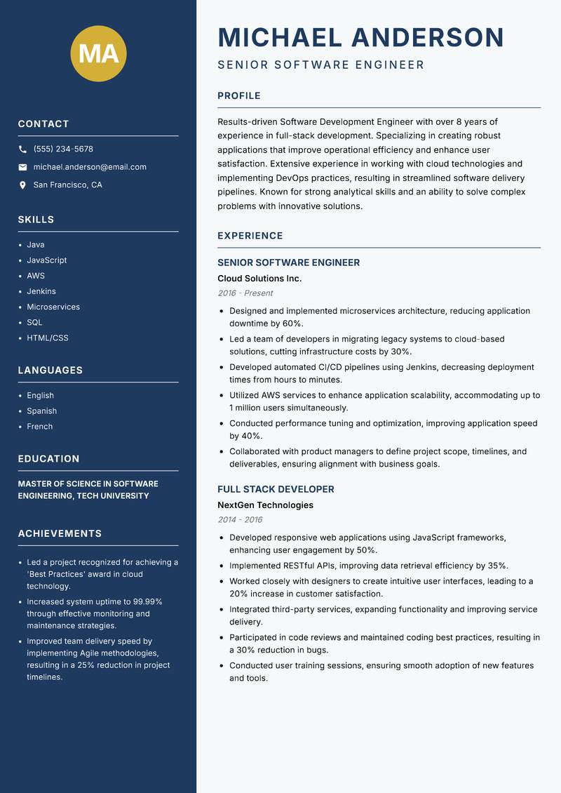 Software Development Engineer resume template — Classic Clean