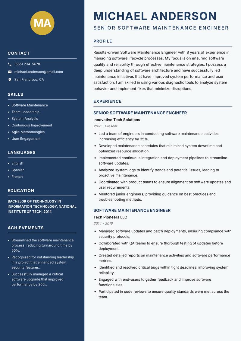 Software Maintenance Engineer resume template — Classic Clean