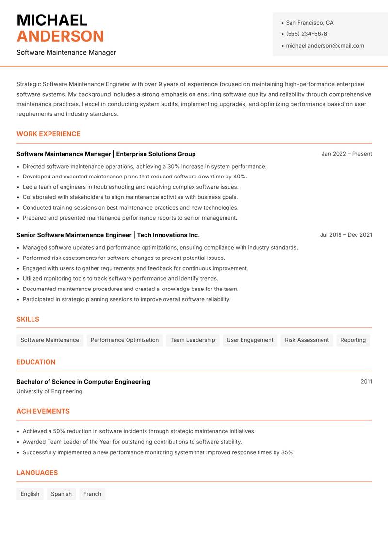 Software Maintenance Engineer resume template — Modern Professional