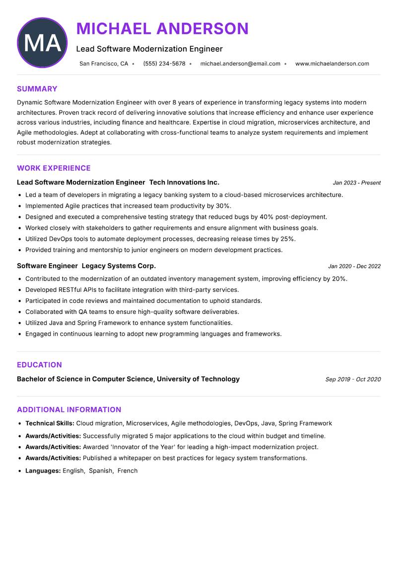 Software Modernization Engineer resume example — ATS-friendly template