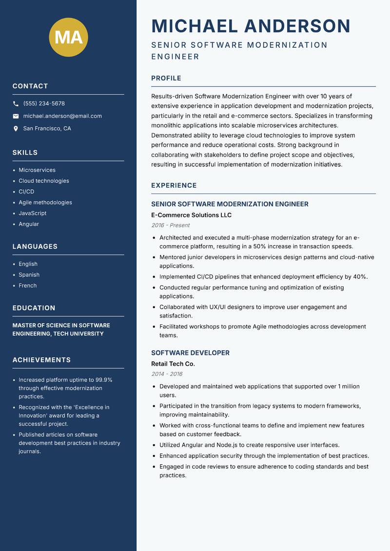 Software Modernization Engineer resume template — Classic Clean