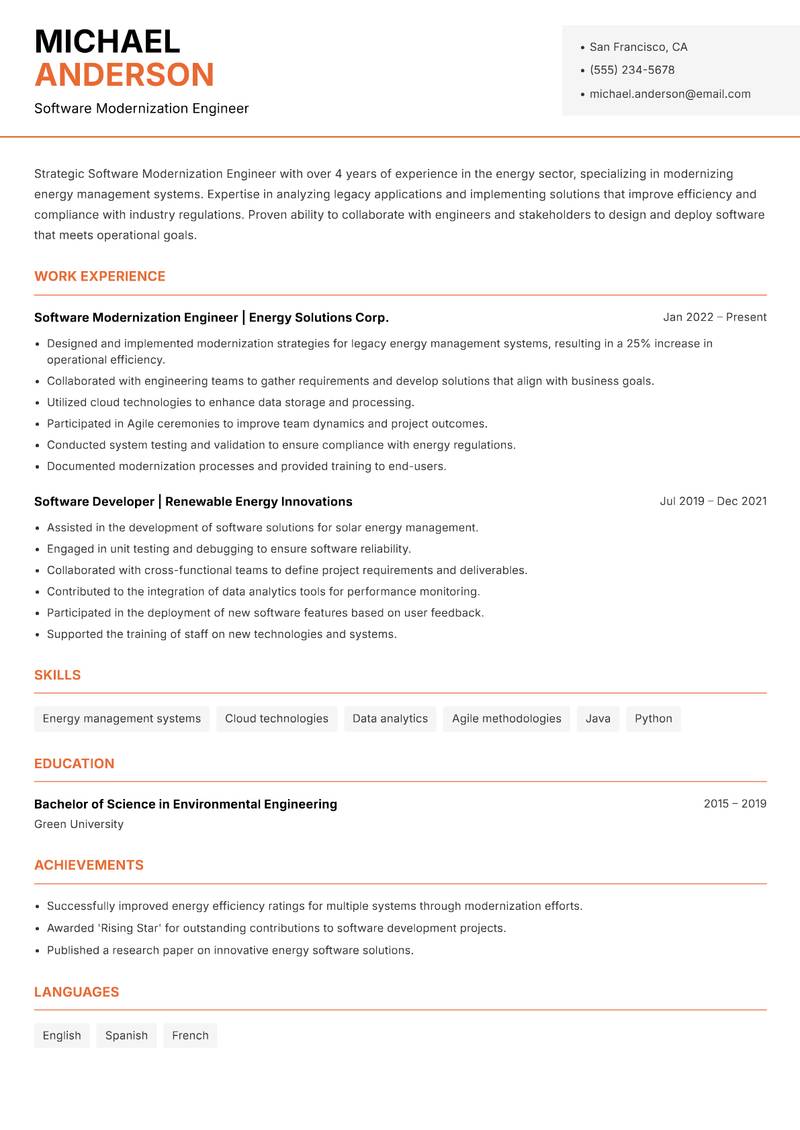 Software Modernization Engineer resume template — Modern Professional