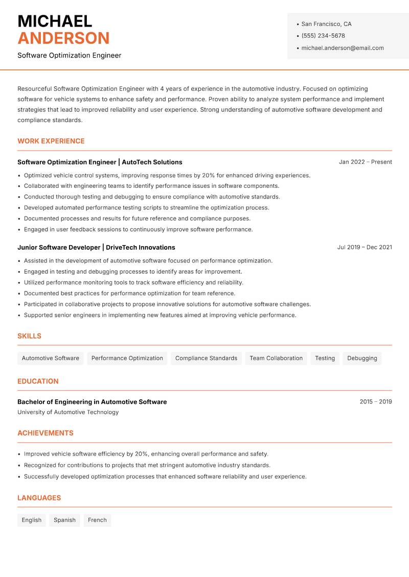 Software Optimization Engineer resume template — Modern Professional